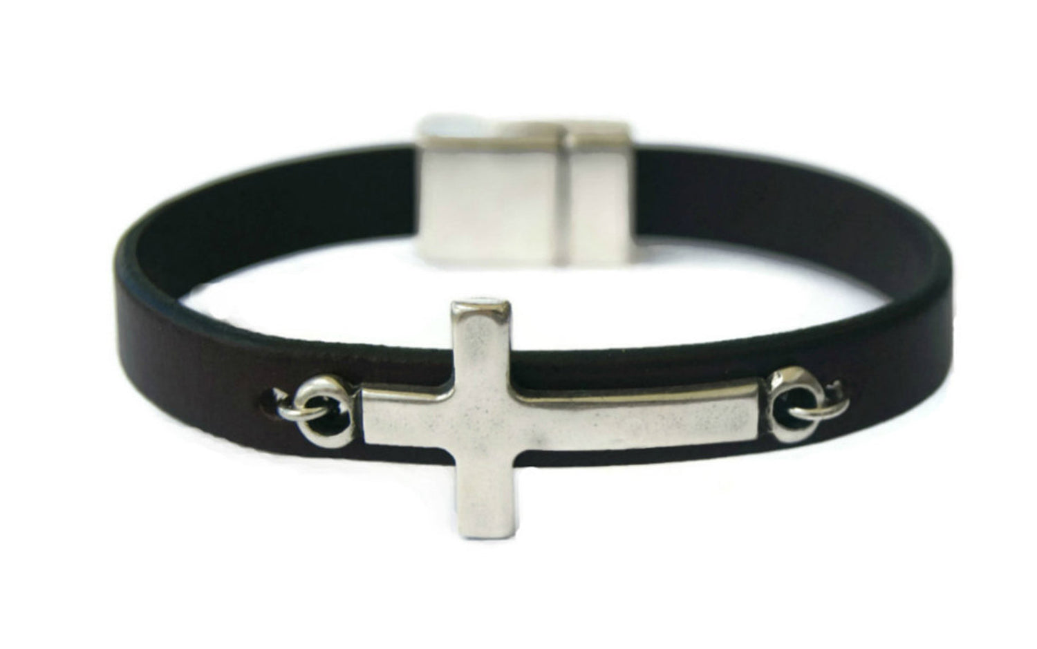 Christian Leather Bracelet with Silver Sideways Cross Handmade