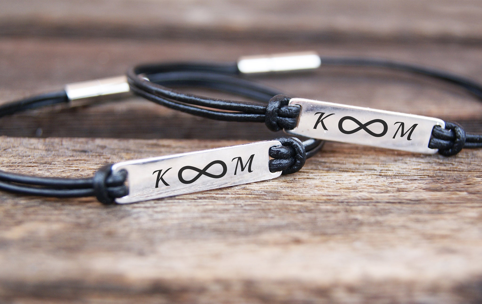 Matching Infinity and Initial Leather Bracelets for Couples, Set of with  Custom Engraving