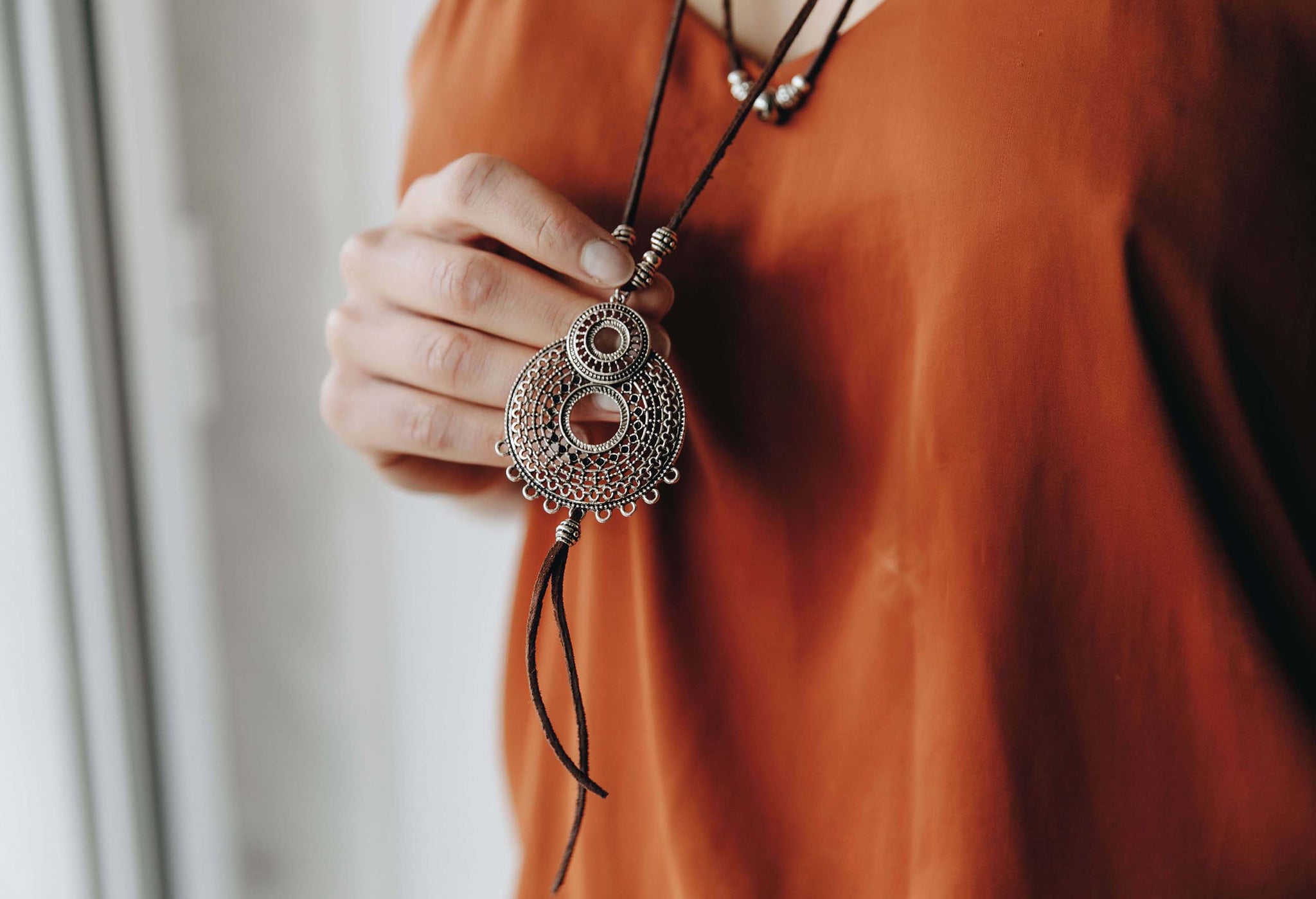 Layered and Long Boho Leather Necklace for Women Handmade